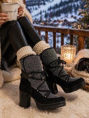 Michael Kors Crystal-Embellished Culver Black Suede Lace-Up Heeled Boots 9